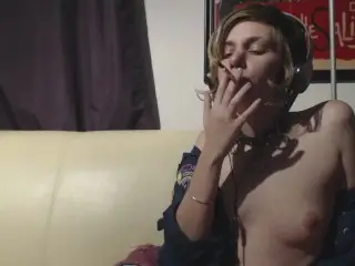 Topless Joint Smoking W/ Headphones