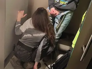 Blowjob in the Fitting Room of the Store where a Lot of People. Public Blowjob.