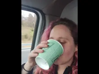 Girlfriend Drinks a Big Cup of very Yellow Piss in Car.