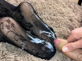 Black Stockings Footjob and Huge Load on Soles