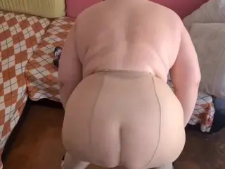 Beautiful BBW Mature Lady in Pantyhose Shows her Big Boobs and Hairy Pussy.