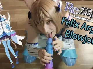 Femboy Felix Argyle Cosplayer Sucks on Big Dildo and wants your Cum