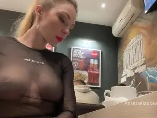 Flashing her Big Boobs in Transparent Top in Public Cafe.