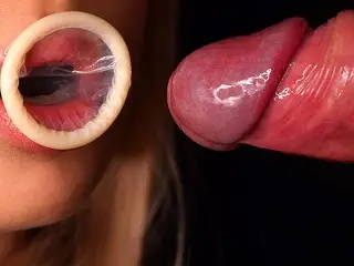 CLOSE UP: HORNY CONDOM BLOWJOB! she BROKE the CONDOM and got ALL CUM in MOUTH! ASMR Sucking Dick 4K