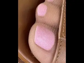 Closeup of Wife's Crazy Cute Pantyhose Feet and Pink Toes