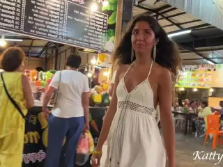 Shameless Katty Eats without Panties in Public and Flashes her Pussy