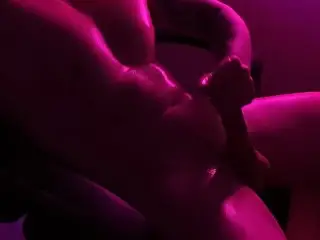 Pink and Blue Lights Horny Hot Oiled Guy Jerking off his Hard Cock then Cumshot for you