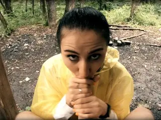 Black Lynn in Yellow Raincoat Sucking Cock in the Woods - Public Blowjob and Cum in Mouth