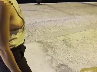 Night Walking at the Sea Port with Side Cut Shirt, Showing Tits and Nipples in Public around People