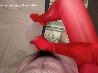 POV Dominated by Sexy Red Opera Satin Glove Handjob with Red Shiny Pantyhose