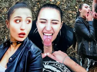 Outdoor Blowjob and Facefuck with a Massive Facial for Ponytail Brunette in Leather Suite