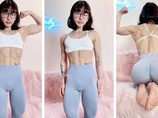 Adorable Petite and Nerdy Asian Muscle Girl Flexes for you in Leggings