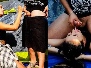 Cum in Mouth near Tent while nobody Sees - Vertical Version