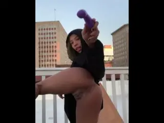 Skinny Ebony Alt Girl Masturbates her Creamy Pussy on the Rooftop and Eats her own Cum