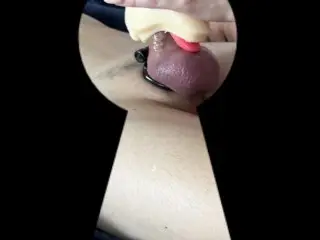 Mistress and Pocket Pussy. Hard Fucks Slave's Cock until Convulsions. Peeping