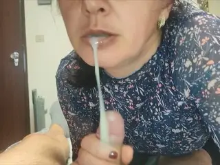 Please don't tell anyone ! MILF Stepmom Housewife Blowjob with Cum in Mouth to help his Stepson