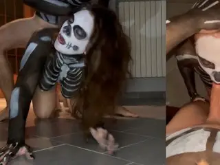 I Fuck her Hard after a Halloween Party with Big Dildo in her Mouth