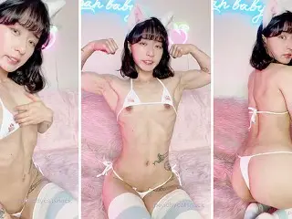 Cute Asian Cat Girl Flexes her Toned Muscles and Flashes her Tits and Pussy