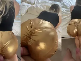 Assjob off MILF in Gold Hotpants - no Hands Cumshot!