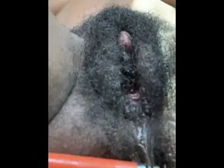 Hairy Ebony Pussy Swallows and Squirts out Lighter