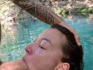 In the Blue Lagoon Hot Blonde Damiana gives an Amazing and Wet Blowjob to her Boyfriend's Cock