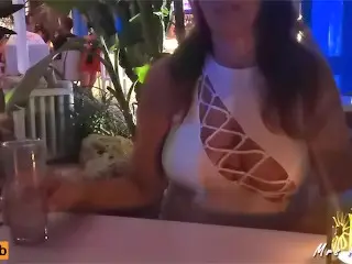 MILF in Bar has Big Tit Exposed, Nipple in Plain Sight