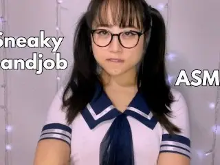 Cute Schoolgirl gives Secret Handjob under Desk, almost Caught -ASMR HJ