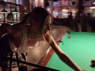 Braless Tits and Pussy Exposed at the Pool Hall!