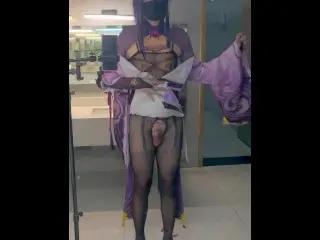 Slutty Raiden Shogun Cosplayer get Naked & Masturbate in the Public Toilet