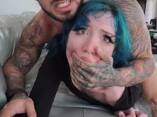 Slutty Blue-haired Stepsis Gets her Tight Pussy Fucked Hard and a Cock Shoved Deep in her Throat