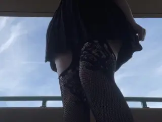 Girl tries to Hold her Pee in Sexy Lingerie Fishnets High Heels Omorashi Peeing Upskirt