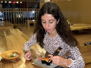 I Cum on a Girl's Face in Public Sushi Bar and she Eats Rolls with Cum on her Face - Cumwalk