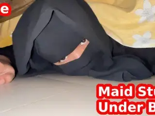 Arab Hot Maid Stuck when she Clean under Bed - Big Ass Hijabi Girl Wear Abaya Niqab & Panty