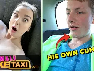 OMG 19 Year old Guy nearly Spunks in his OWN MOUTH - Female Fake Taxi