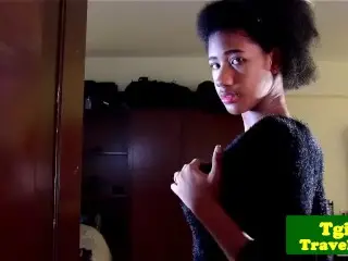 Black Tgirl Jerking and Showing off Bigtits