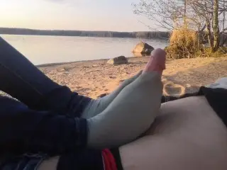 Public Footjob and Socksjob on the Beach