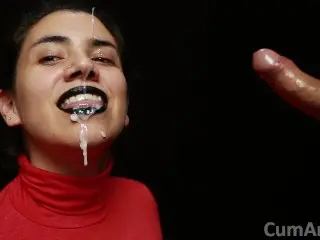 CFNM - Red Turtleneck, Black Lips - Handjob + Cum Mouthful + Cum on Clothes