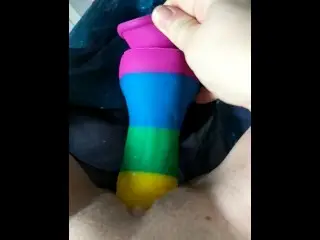 Cumming on a Rainbow Dildo in Bed