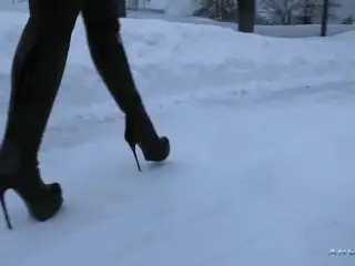 Angie Lynx Walking with High Heels Boots on Ice and Snow