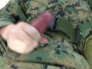 US Marine Crossdresser Cums all over self in Full Combat Uniform