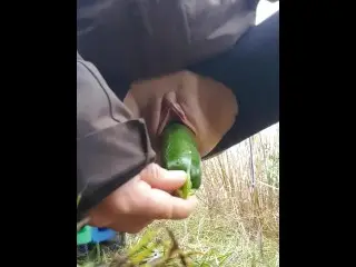 Horny little MILF Fucks a Zucchini outside in Public by the Highway!