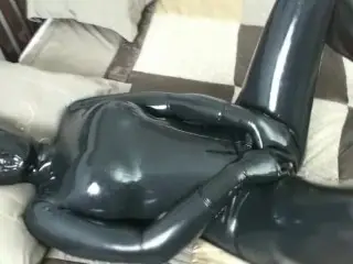 Black Latex Catsuit Encasement with Rubber Mask and Breathplay Masturbation