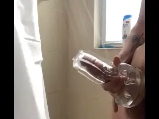 Teen uses see through Fleshlight in Shower