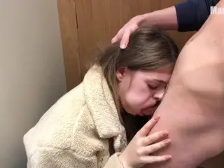 DEEPTHROAT BLOWJOB IN THE FITTING ROOM. Swallow his Cum