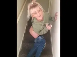 Dirty Bitch Plugs her Arse on Stairs while her Stepdads Comeing through