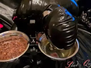 Slave Slut-Orgasma Celeste in Black Latex Eating Dog Food and Drinking Piss