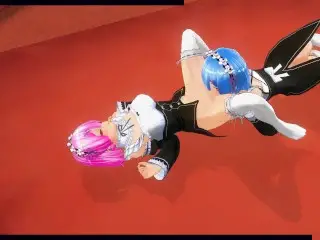 3D HENTAI Rem and Ram from Anime Re:Zero Cum together