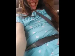 Pinkmoonlust has a Car Ride! Public Flashing in Passenger Seat! Hairy Pussy in Panties & Blue Dress