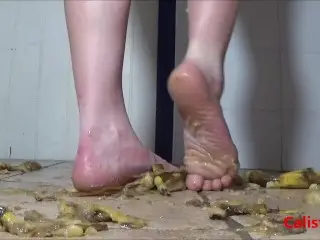 Bananas and Kiwis Crushed by 2 Delicious Female Feet