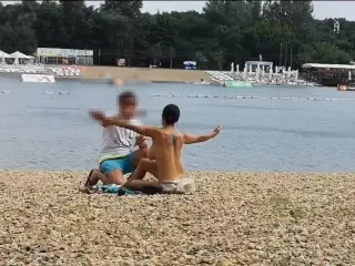 MILF Lilly Naked on Public Beach got Oil Massage from Stranger